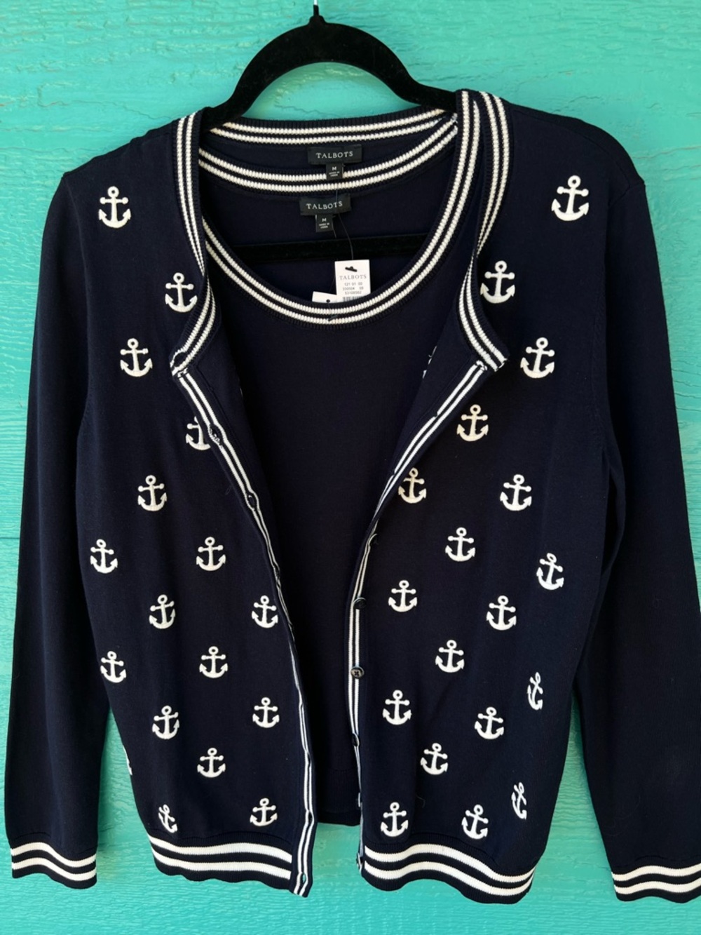 2-PC Nautical Anchor Cardigan Set Twinset Navy Crew Neck Sweater M NWT Talbots